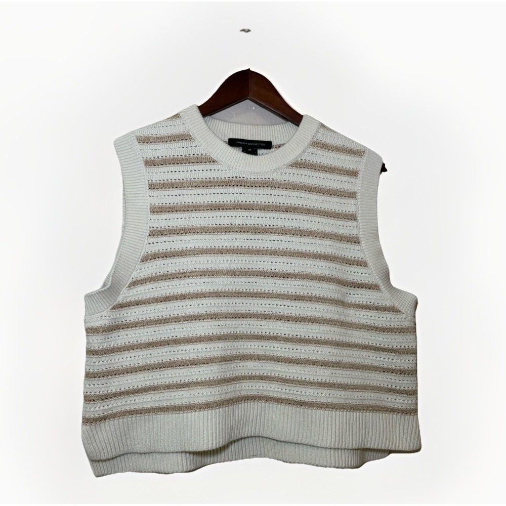 French Connection Sleeveless Sweater Vest Size XL Cream & Gold Stripes Chic